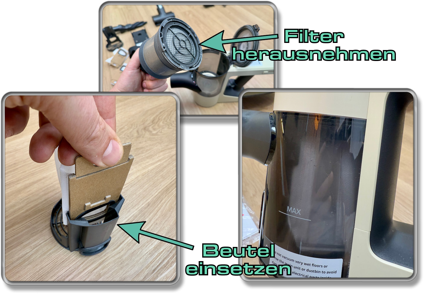 Anstelle der beutellosen Funktion, kann man auch Staubbeutel einsetzen