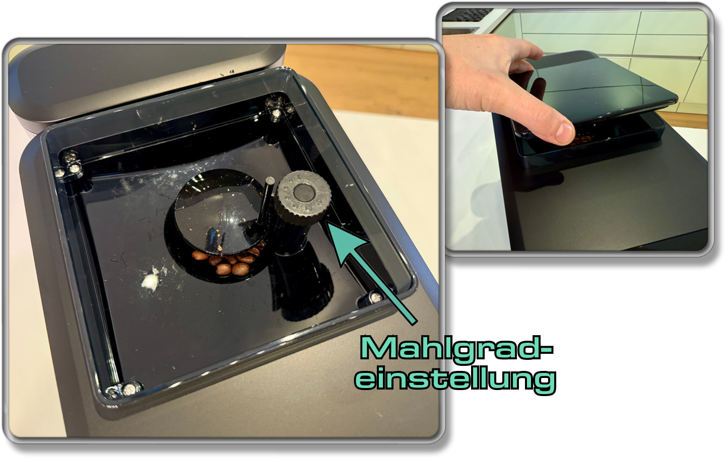 Der Bohnenbehälter fasst 300 g und bietet eine einfache Mahlgradverstellung