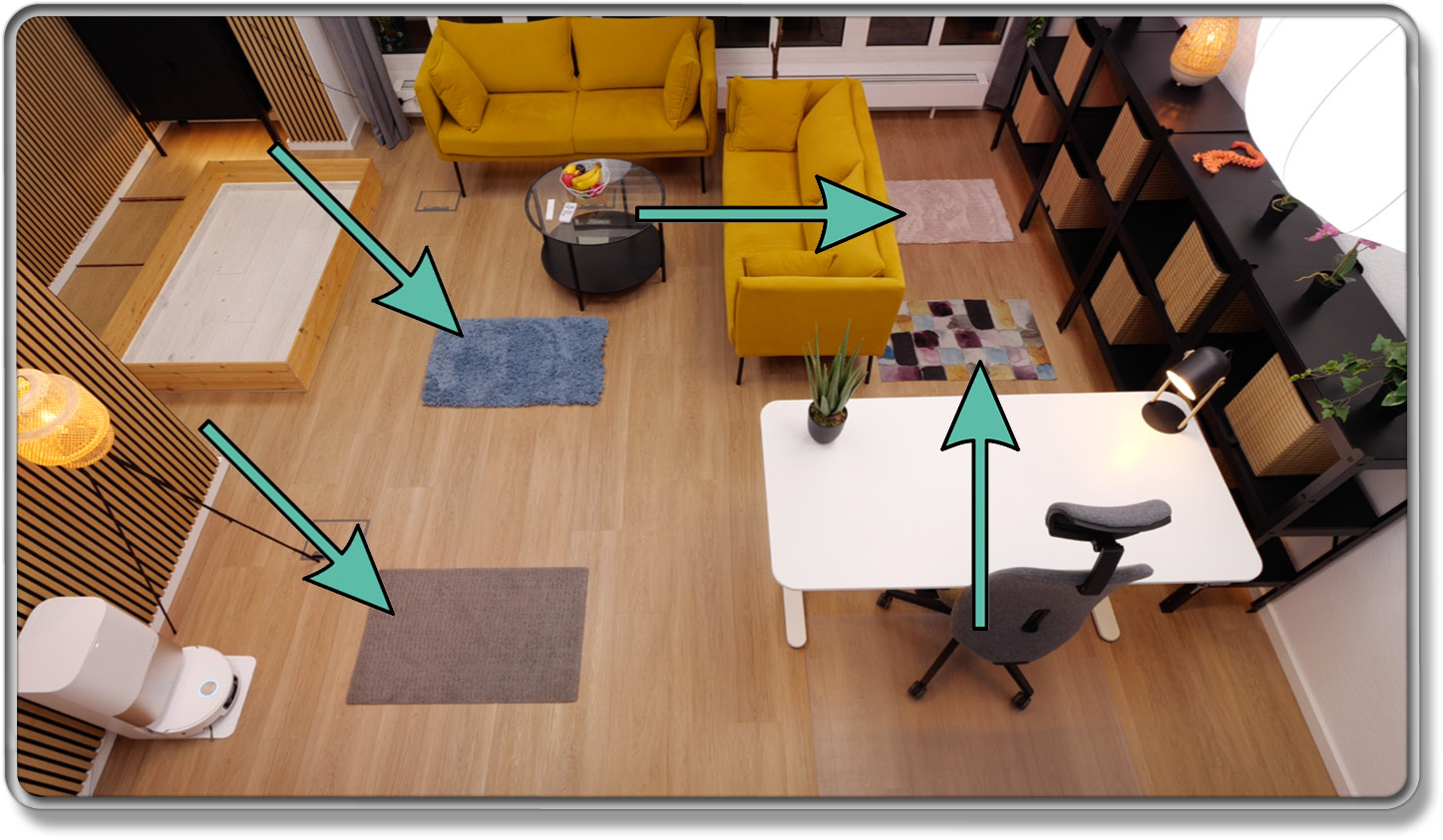 Das sind die von uns ausgelegten Teppiche im Testraum, die der Dreame X50 Ultra Complete überfahren soll