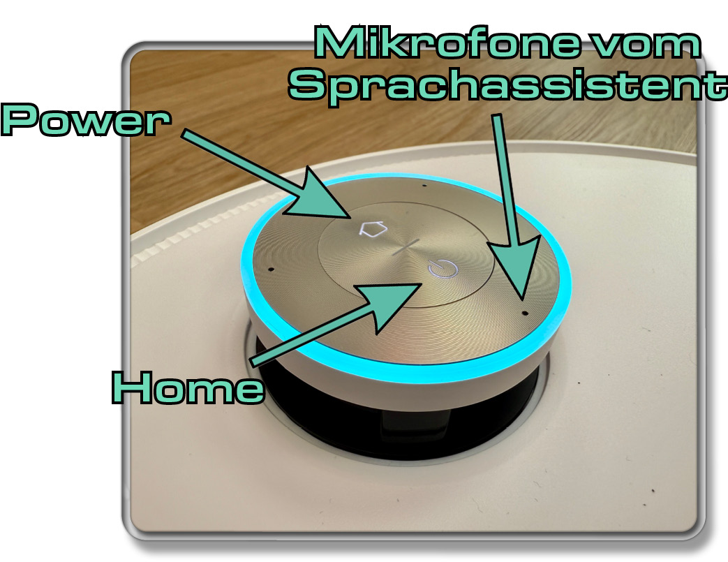Über diese Tasten auf dem ausfahrbaren Laserturm des Dreame X50 Ultra Complete kann man den Roboter manuell steuern