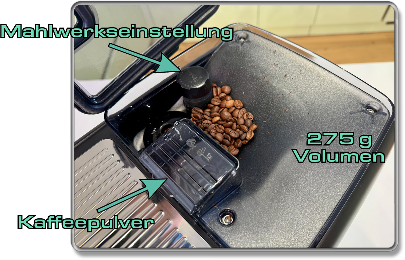Das Bohnenfach ist gut bemessen und besitzt ein Fach für Kaffeepulver