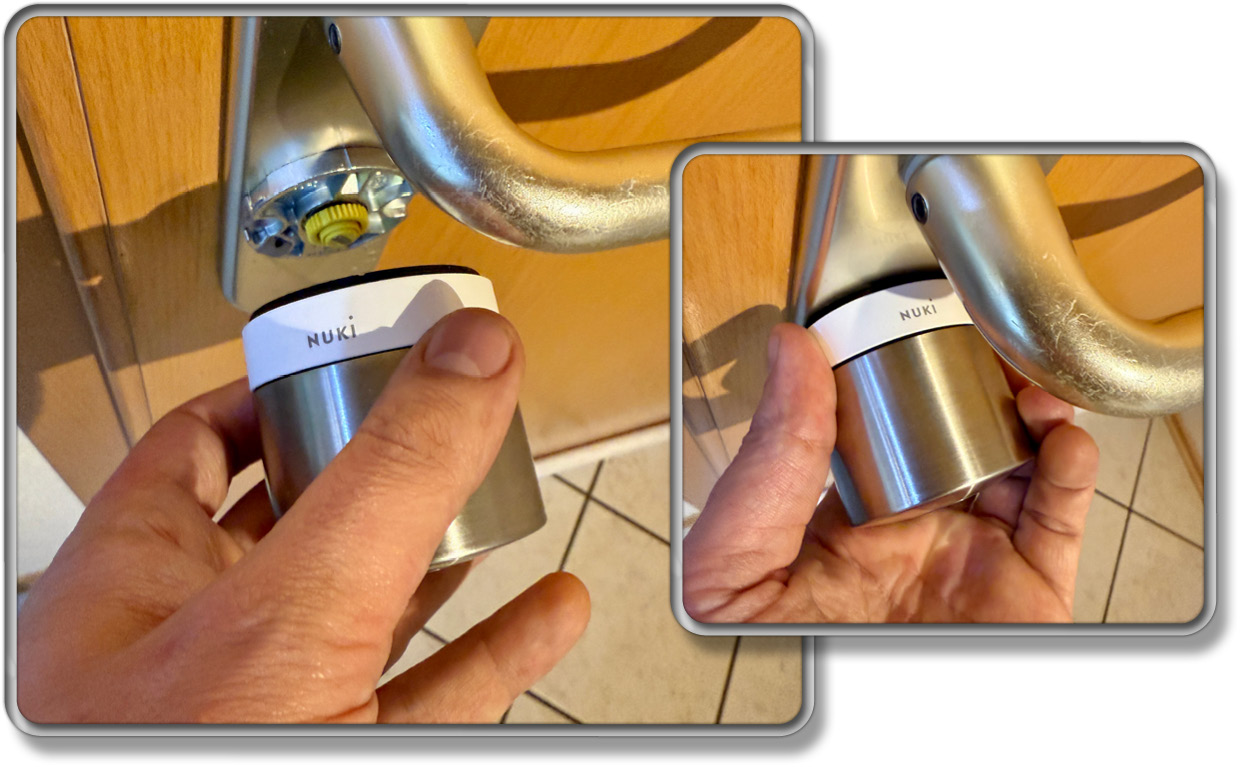 Das Nuki Smart Lock Ultra wird einfach auf der Halterung eingerastet