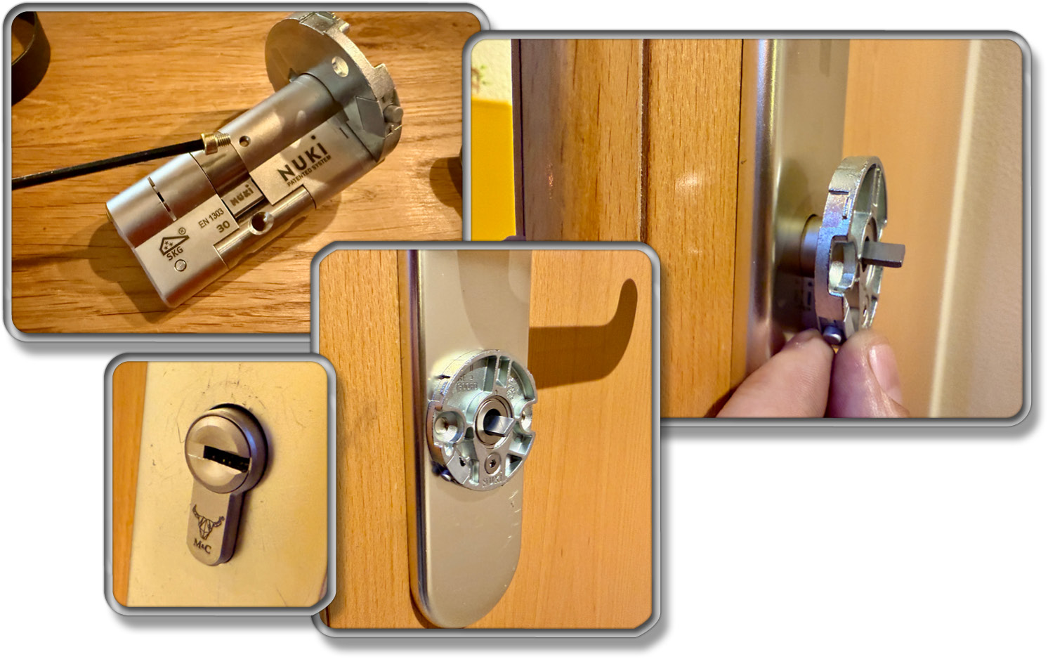 Der Nuki Schließzylinder wird zusammengebaut und im Schloss montiert