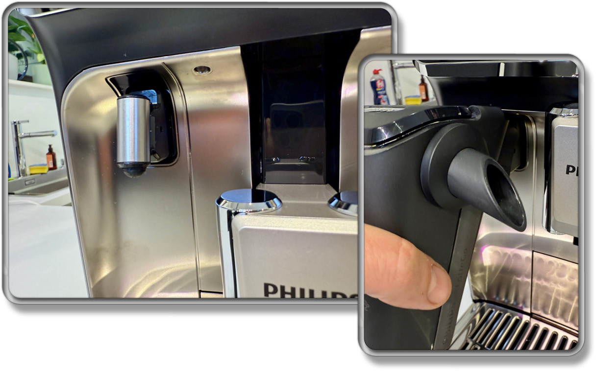 Der Wasserauslass dient gleichzeitig alt Befestigung für den Milchbehälter