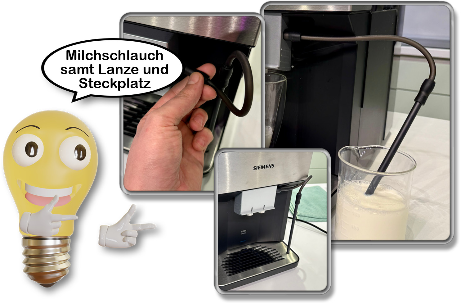 Der mitgelieferte Milchschlauch besitzt sogar einen Steckplatz