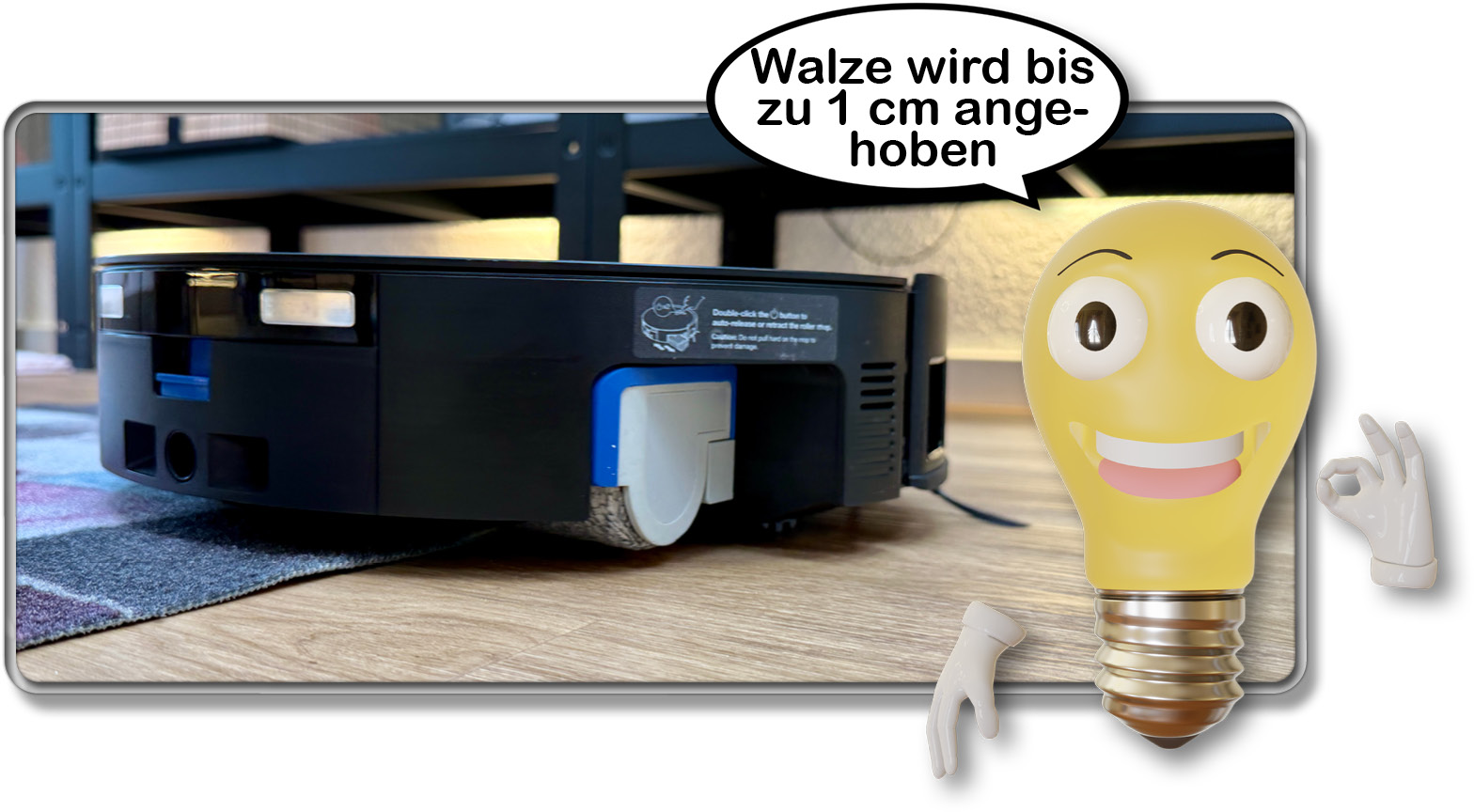 Die Wischwalze des ECOVACS DEEBOT X8 PRO OMNI kann über Teppichboden bis zu 1 cm hoch angehoben werden