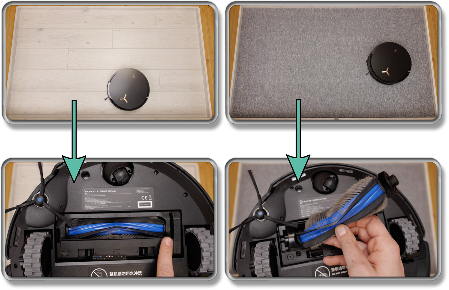 Tatsächlich hat sich sowohl auf Hartboden als auch auf Teppichboden kein einziges Haar um die Bürsten gewickelt