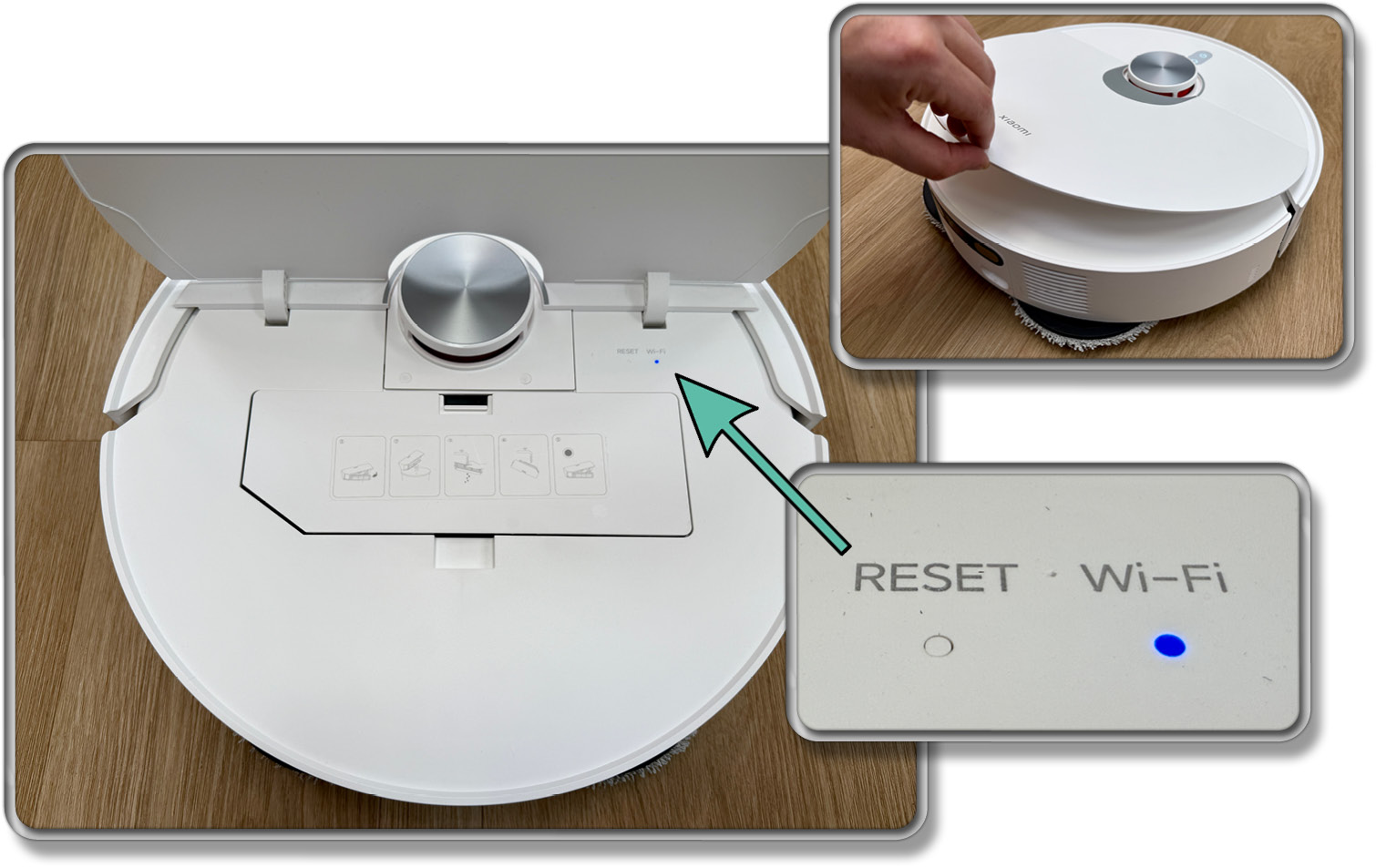 Unter der Haube des Xiaomi X20 Pro gibt es den Staubbehälter und verschiedene Tasten für die Einstellung