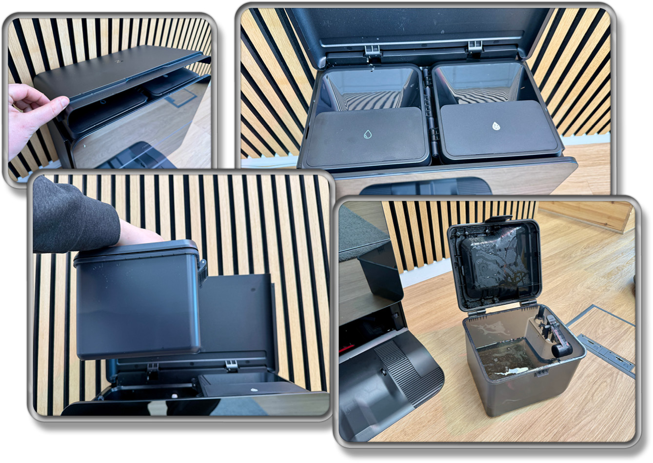 Auf der Oberseite der Stationd es Roborock Saros 10 befinden sich gut abgedeckt die Wassertanks