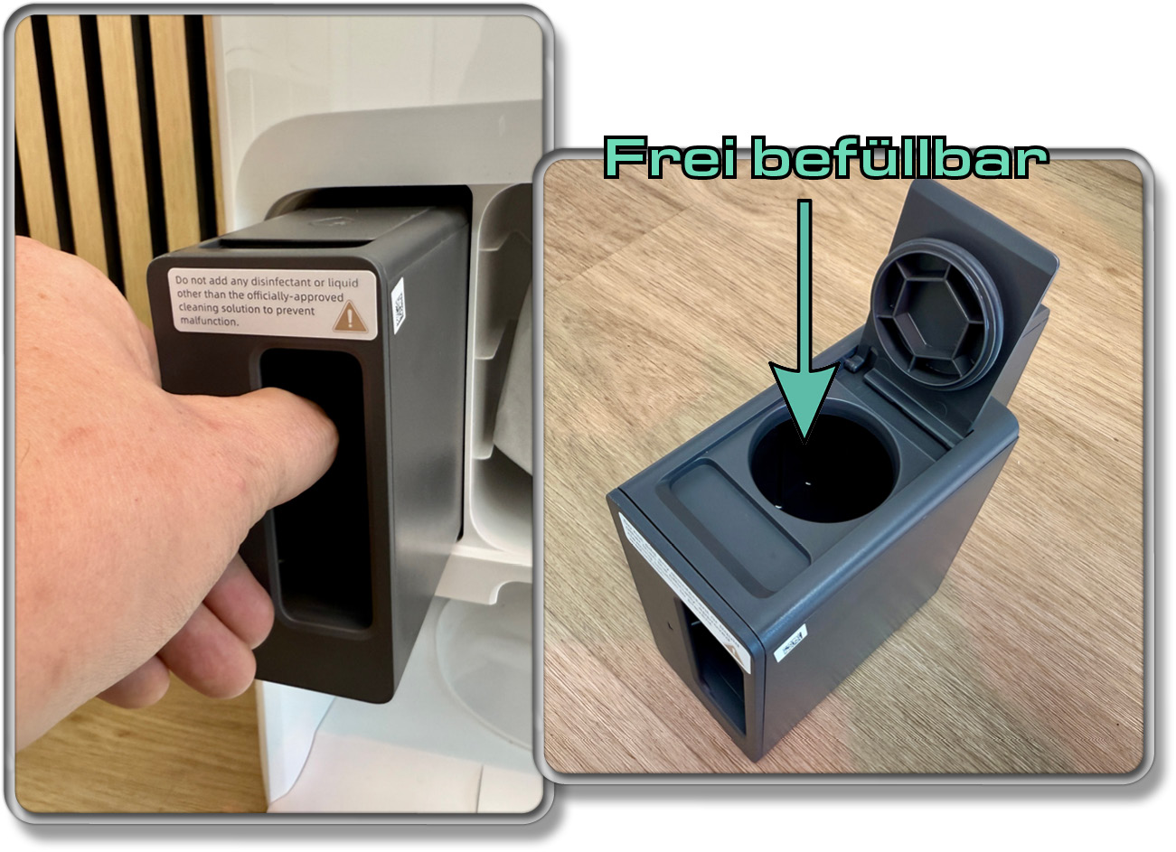 Der Reinigungsmitteldosierer kann frei mit Reiniger befüllt werden