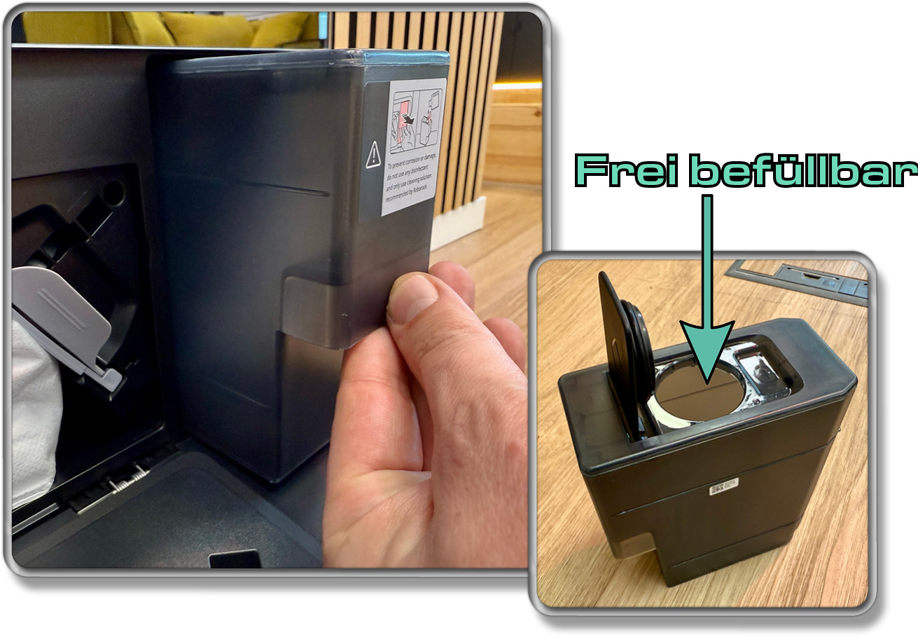 Der Reinigungsmitteltank in der Station ist frei befüllbar