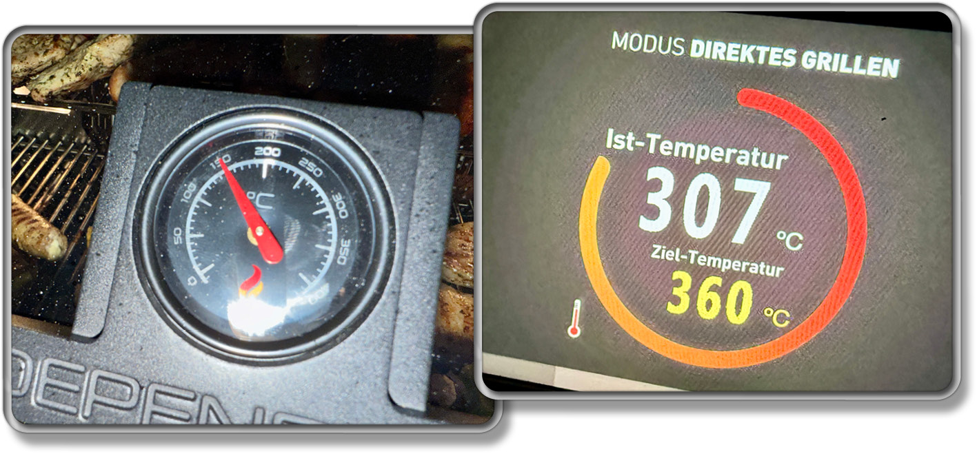 Der Zeiger des Thermometers auf der Scheibe des Grillfürst Independence blieb bei 150 °C stehen