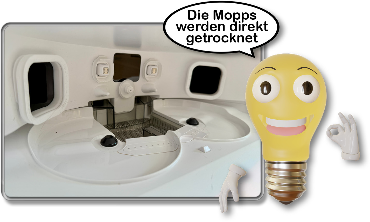 Die Wischmopps werden nach der Wäsche mit heißer Luft getrocknet