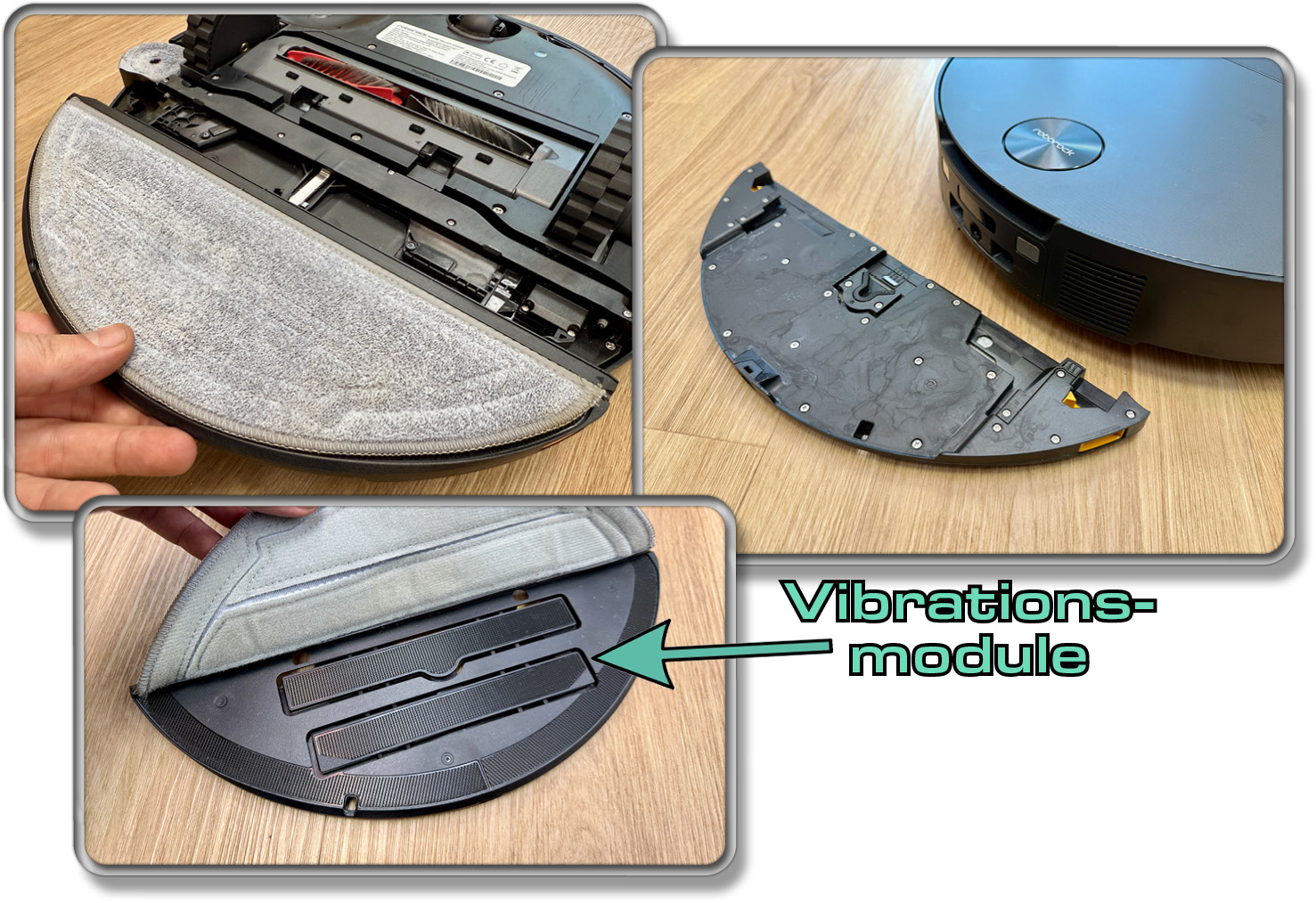 Die Wischplatte kann vom Roboter abgenommen werden und besitzt Vibrationsmodule