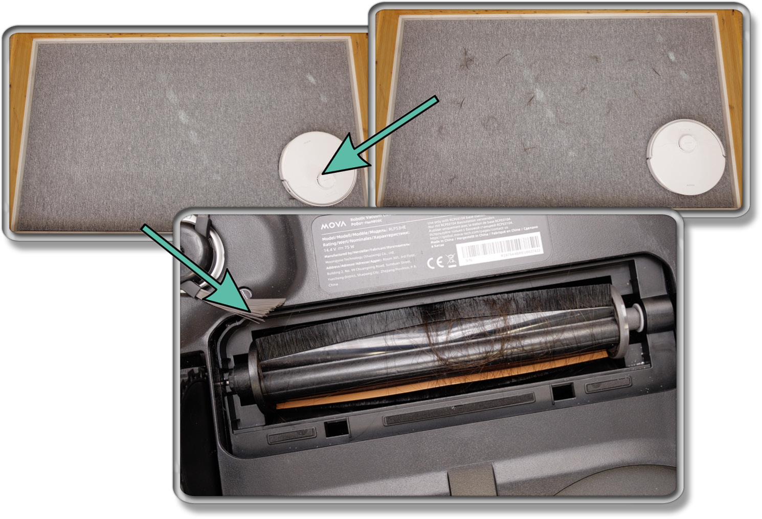 Mova P50 Pro Ultra - Die ermittelte Saugleistung von Haaren auf Teppichboden
