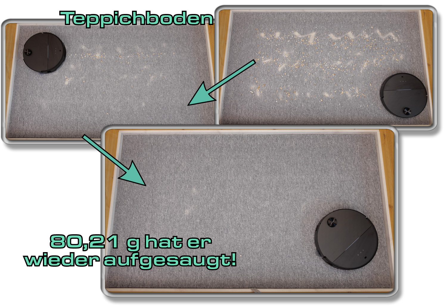 Roborock Saros 10 - Die ermittelte Saugleistung auf Teppichboden