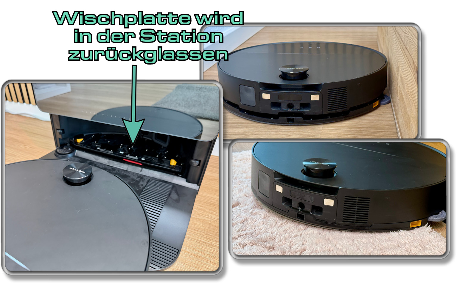 Während des Saugmodus kann der Roborock Saros 10 seine Wischplatte in der Station zurücklassen und selbstständig wieder aufnehmen