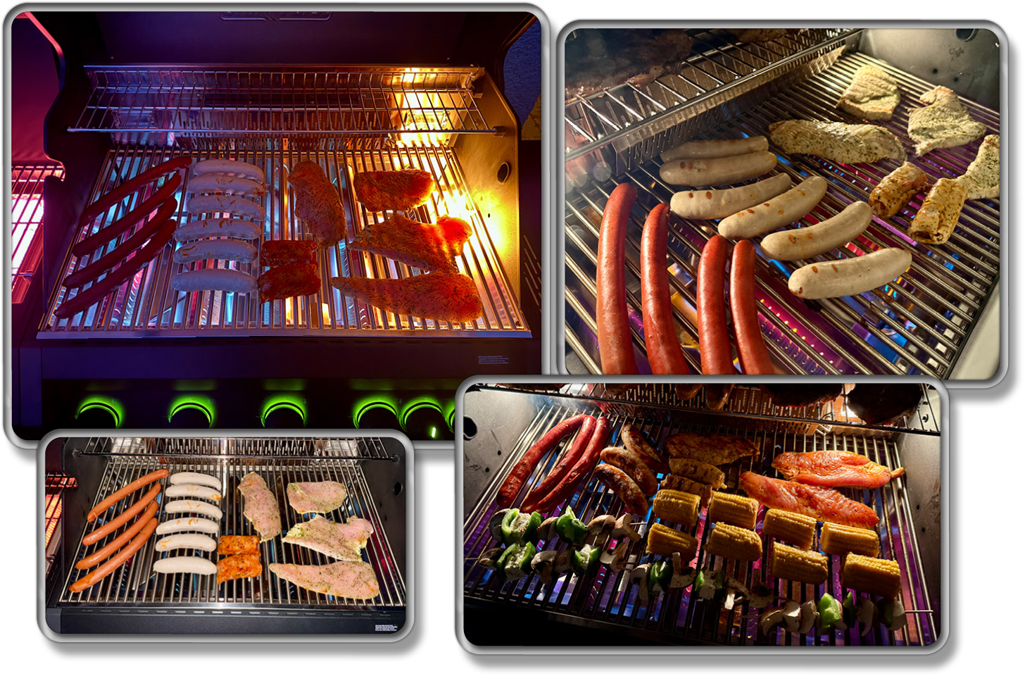 Wir haben Würste, Steaks und Gemüse über dem Hauptbrenner des Grillfürst Independence gegrillt