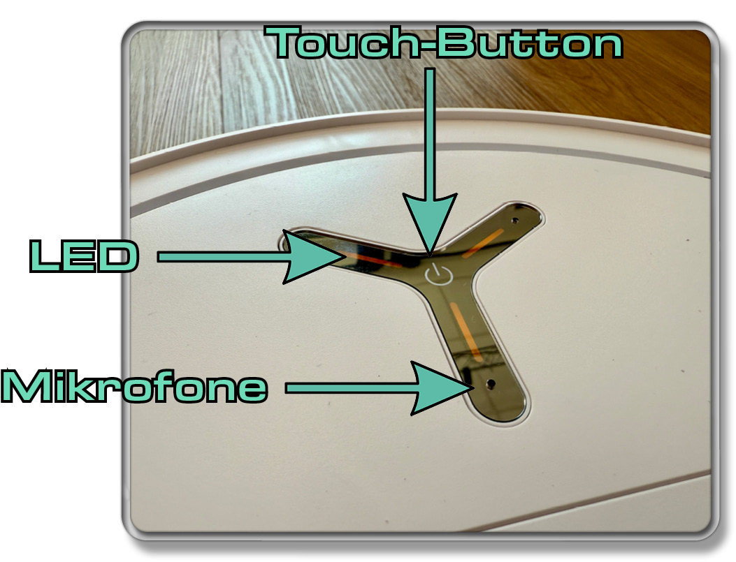 Auf der Oberseite befindet sich ein YIKO-Logo, das Mikrofone, LEDs und die manuelle Steuerung beinhaltet