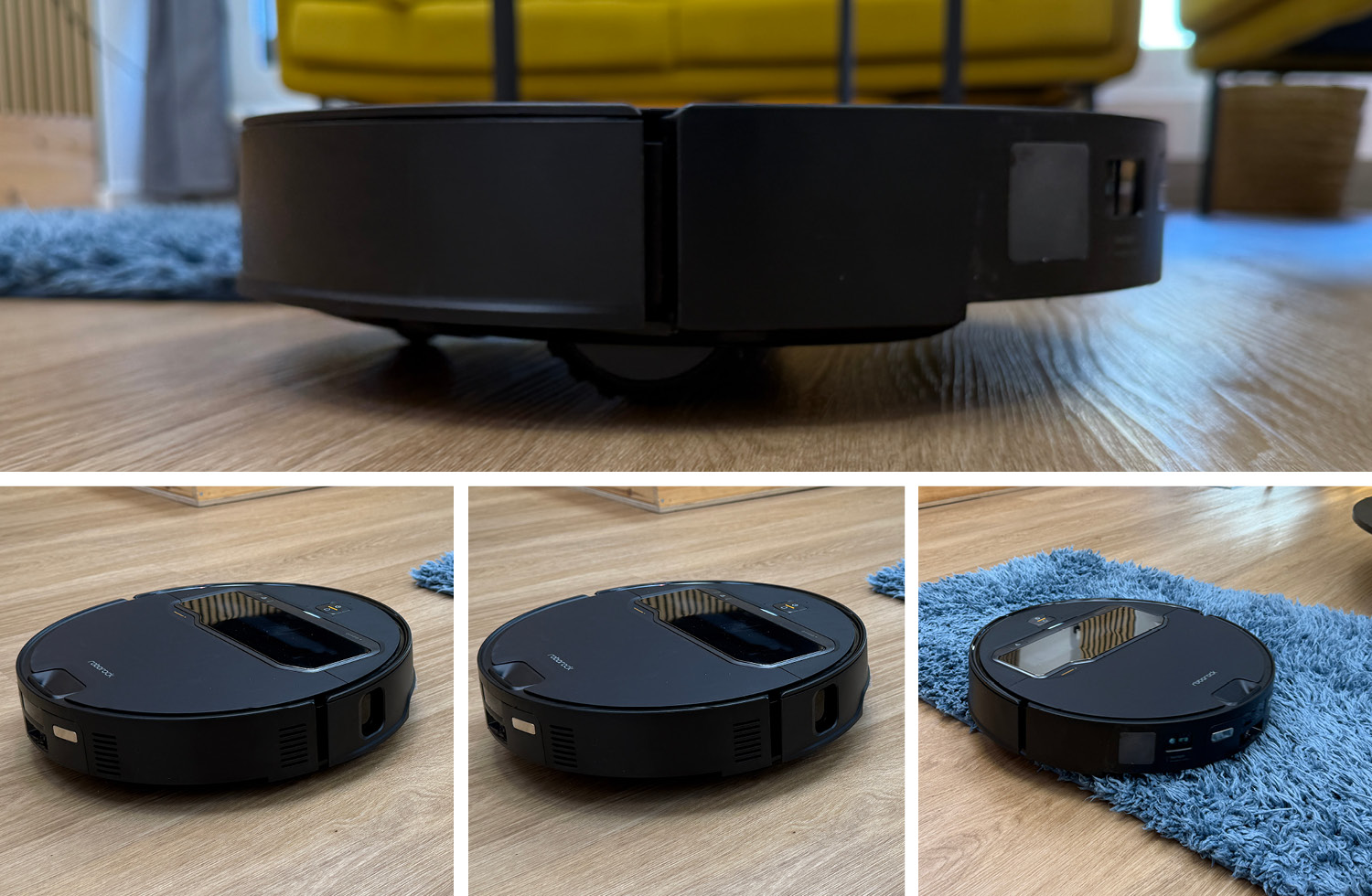 Das Chassis des Roborock Saros Z70 hebt sich an, damit er über Hindernisse und hohe Teppiche fahren kann