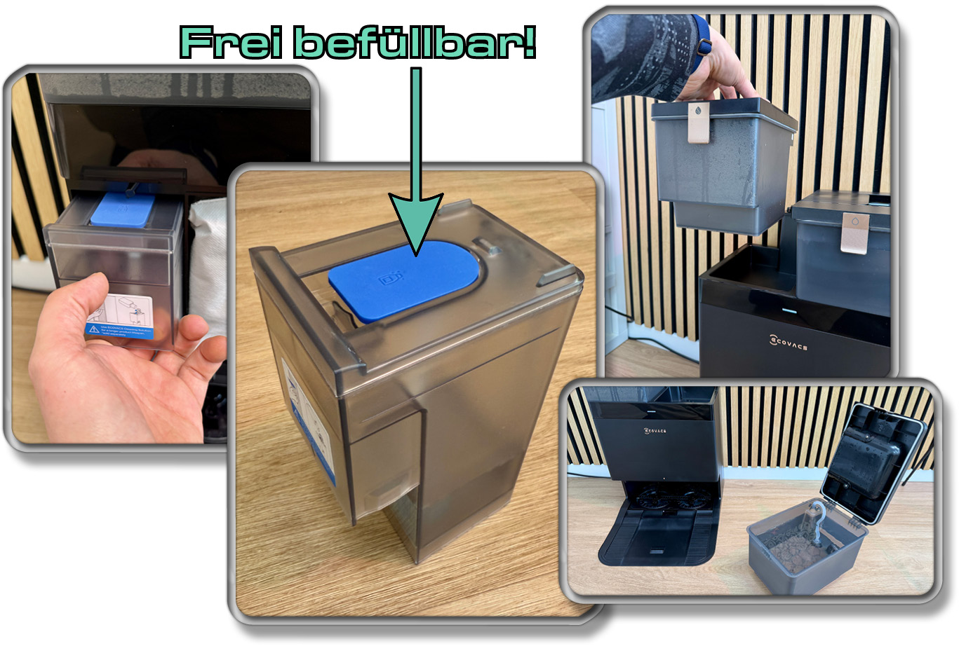 Der Reinigungsmitteldosierer befindet sich unter der Frontklappe der Station