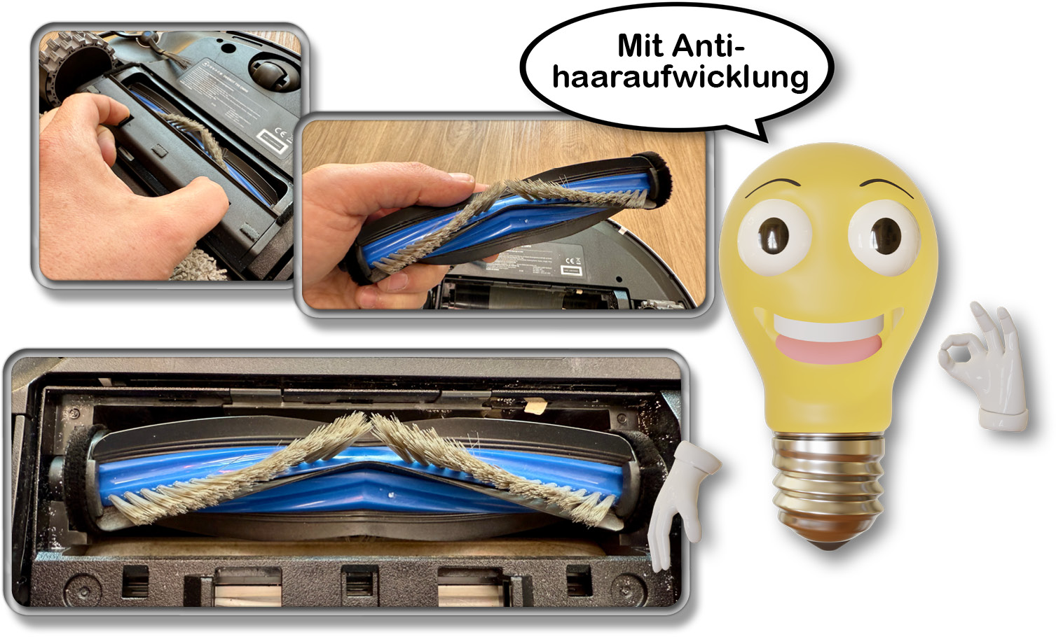 Die Bodenbürste des ECOVACS DEEBOT T50 OMNI besitzt eine Form, die das Aufwickeln von Haaren verhindern soll