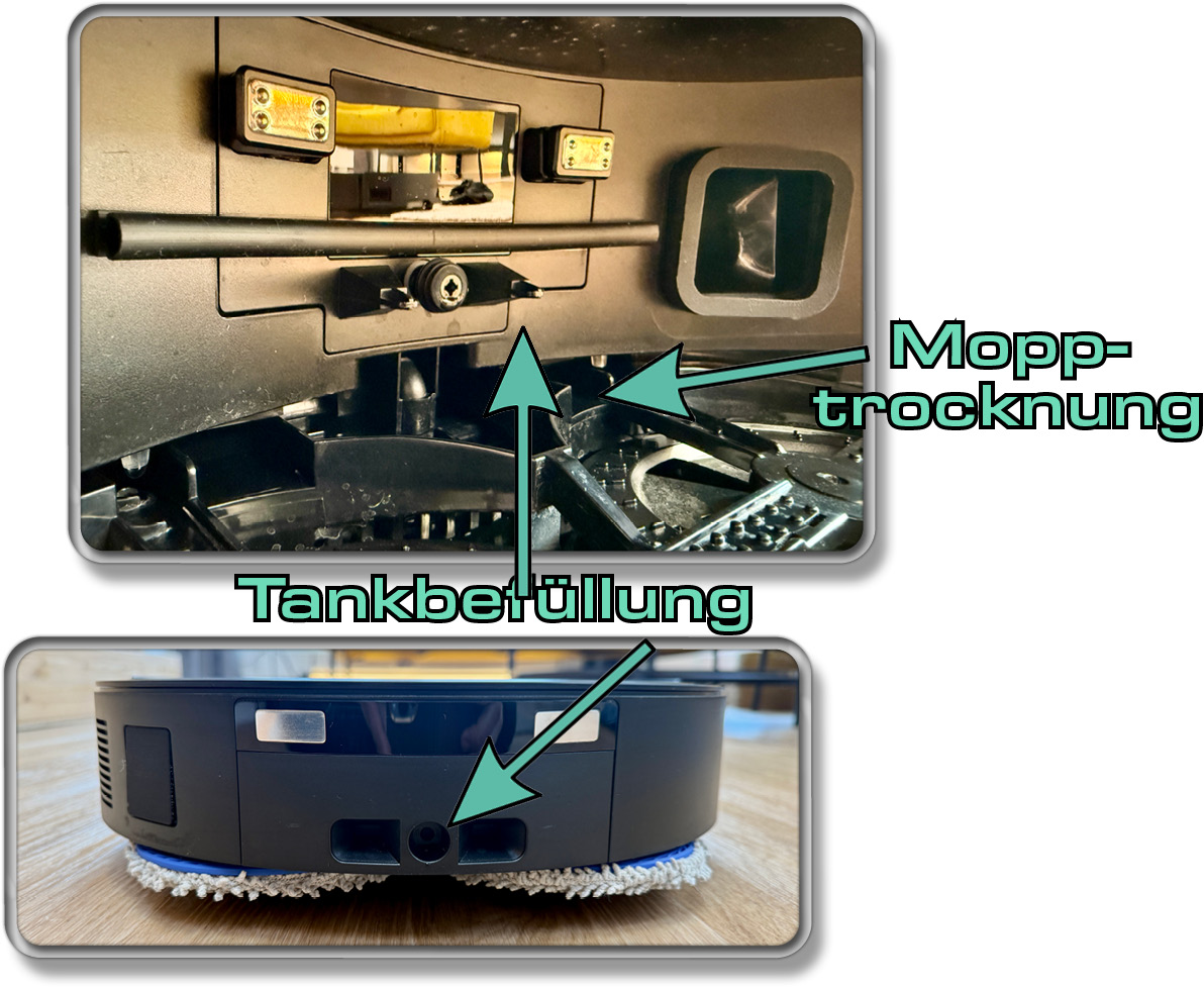 Die Station befüllt den Wassertank und trocknet die Mopps