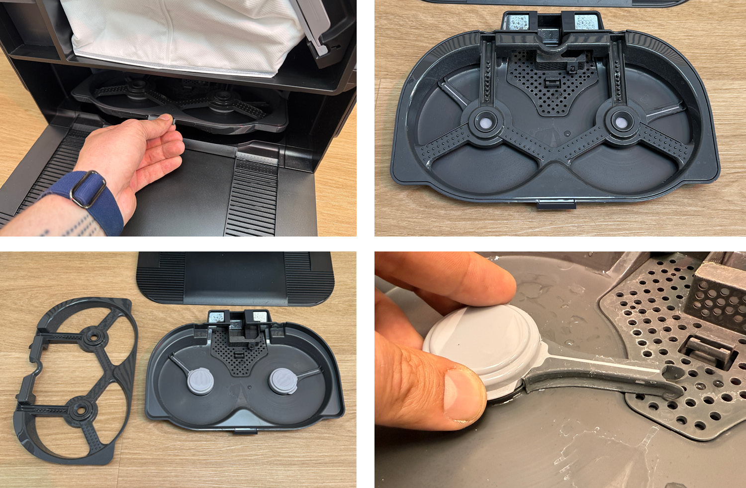 Die Waschschale der Station reinigt sich mit Scheibenwischern selbst