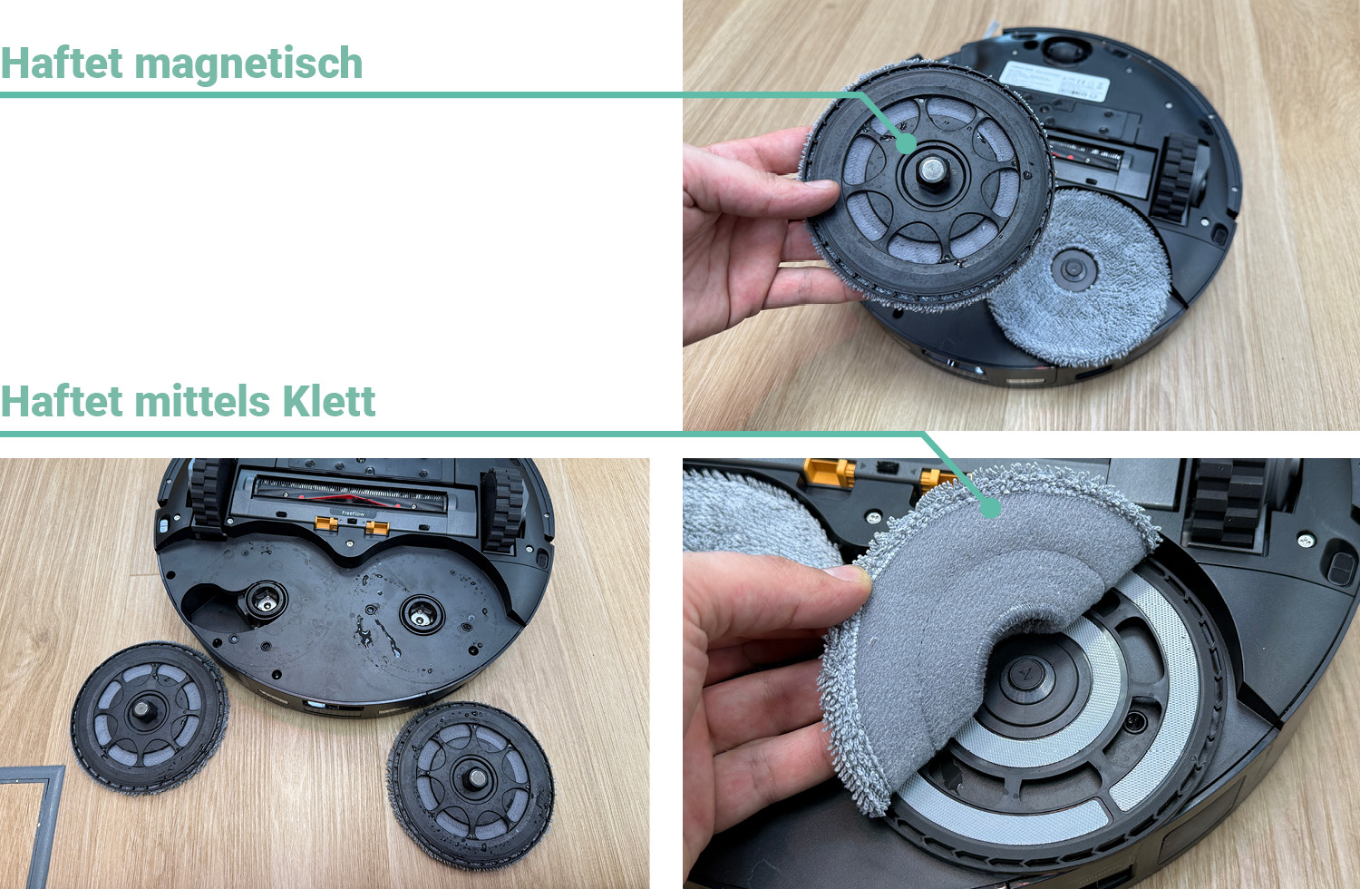Die Wischmopps haften magnetisch und können in die Waschmaschine gegeben werden.