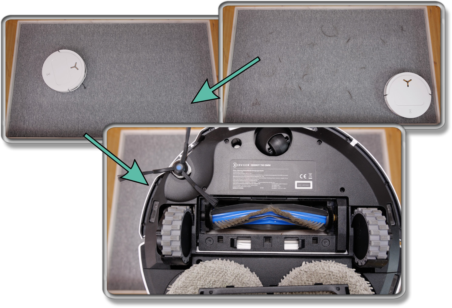 ECOVACS DEEBOT T50 OMNI - Die ermittelte Saugleistung von Haaren auf Teppichboden