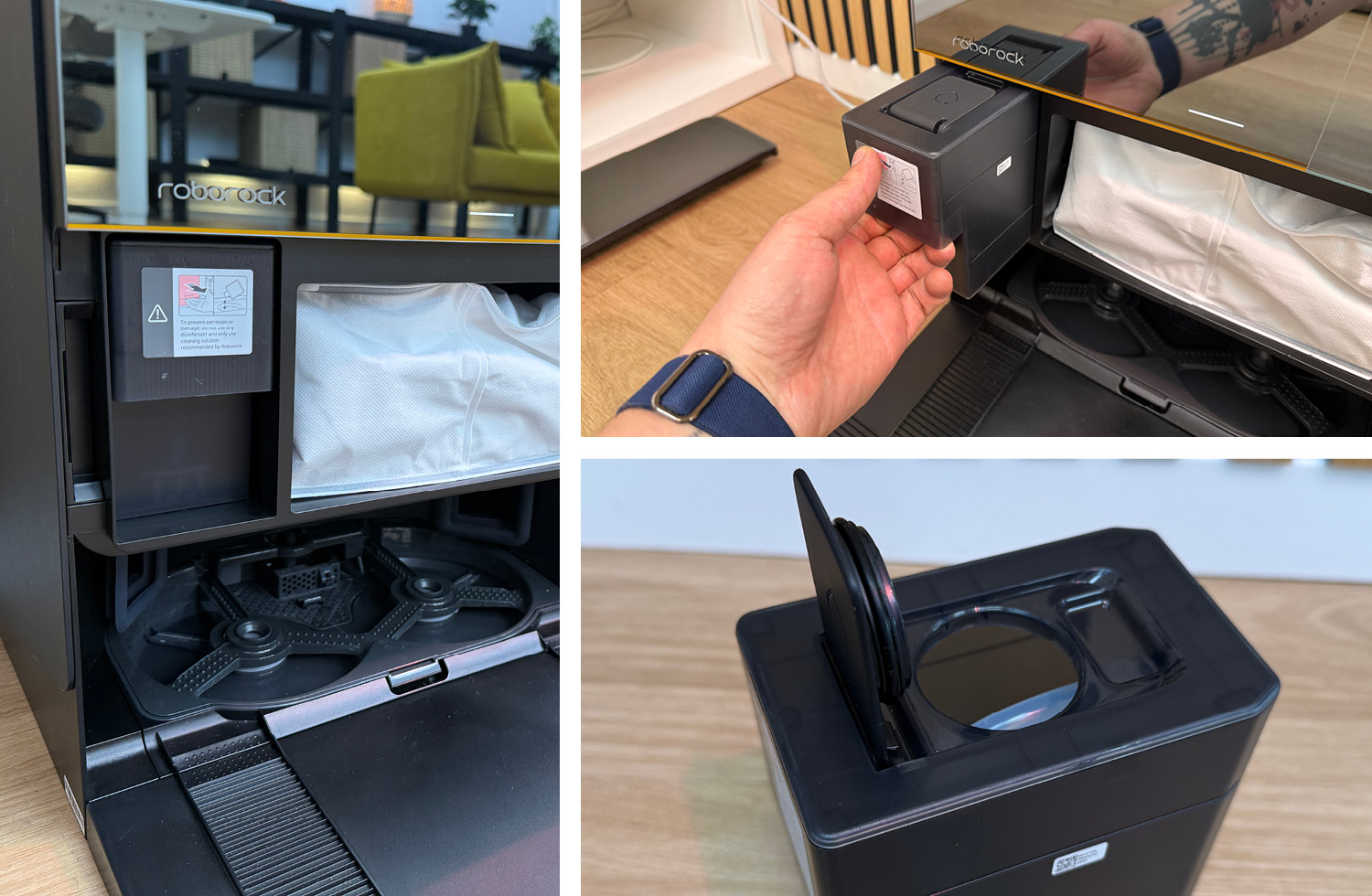 Ein Reinigungsmitteldosierer ist unter der Klappe der Station verborgen