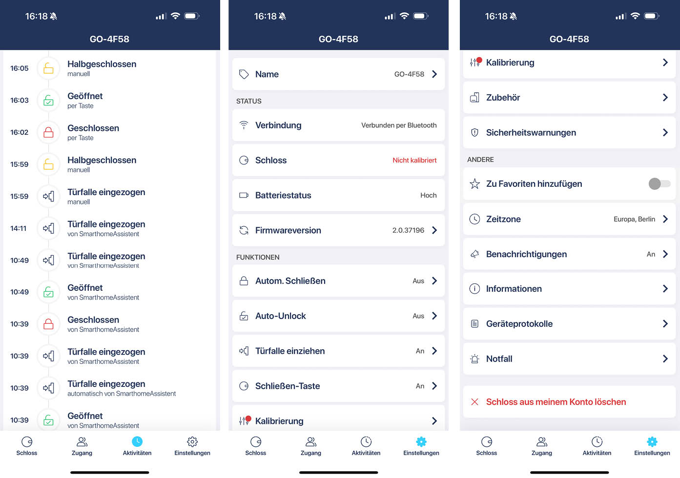 Hier seht ihr die Einstellungen der App des Tedee Go2