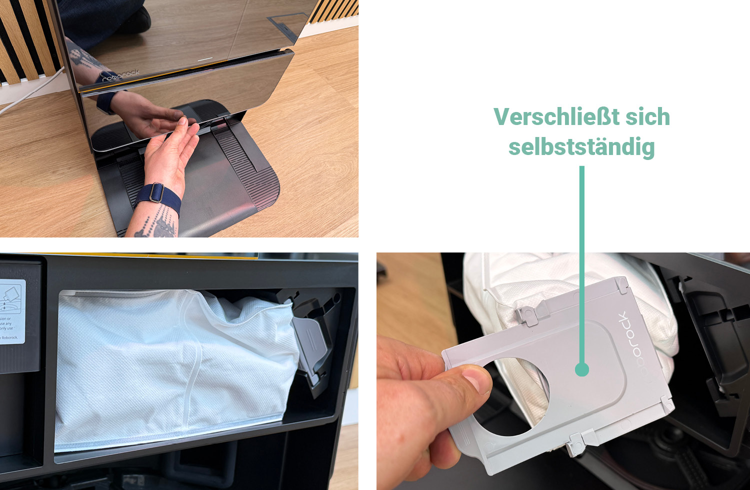 Im Inneren der Station befindet sich eine eigene Absaugstation mit Staubbeutel