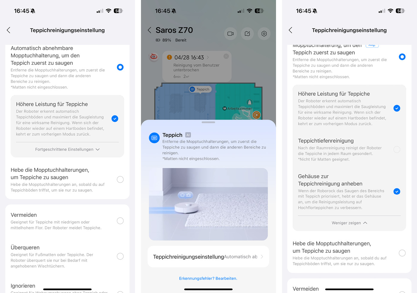 Roborock Saros Z70 - App - Teppichreinigung