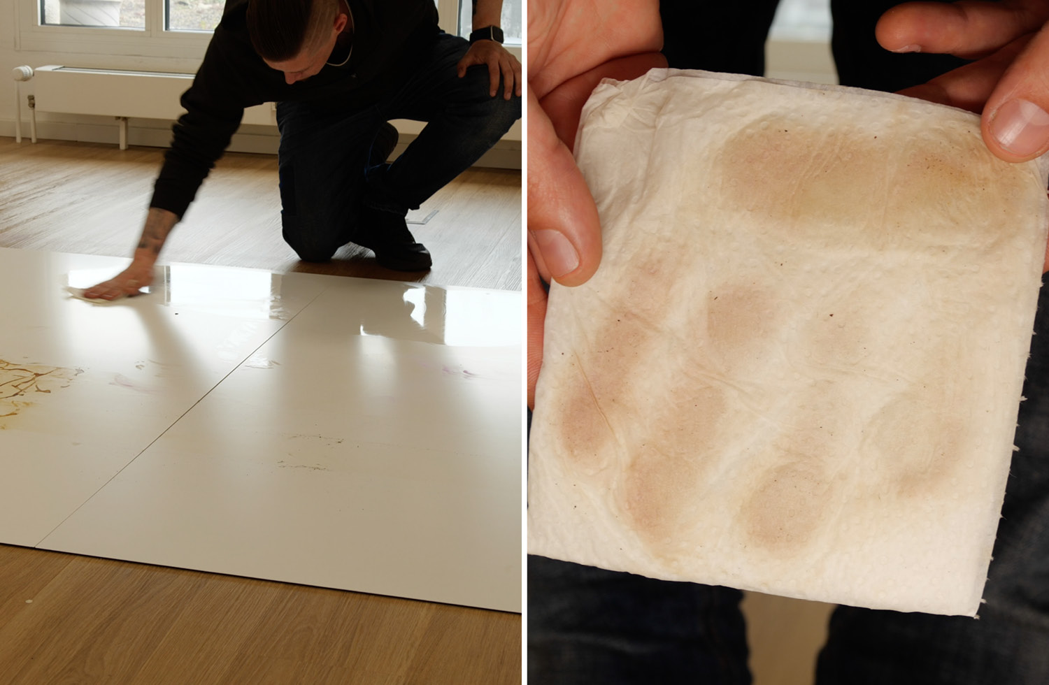 Schmutzaufnahme und was noch auf dem Boden zurückgeblieben ist