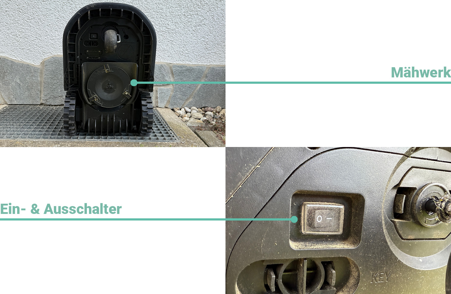 Auf der Unterseite befindet sich das mit drei Klingen bestückte Mähwerk des eufy E15