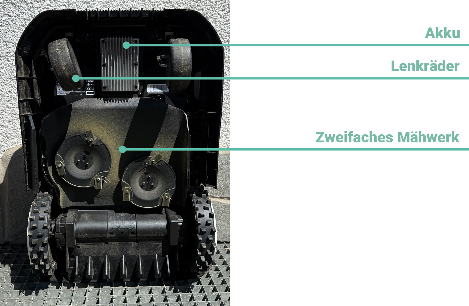 Auf der Unterseite verbirgt sich ein doppeltes Mähwerk