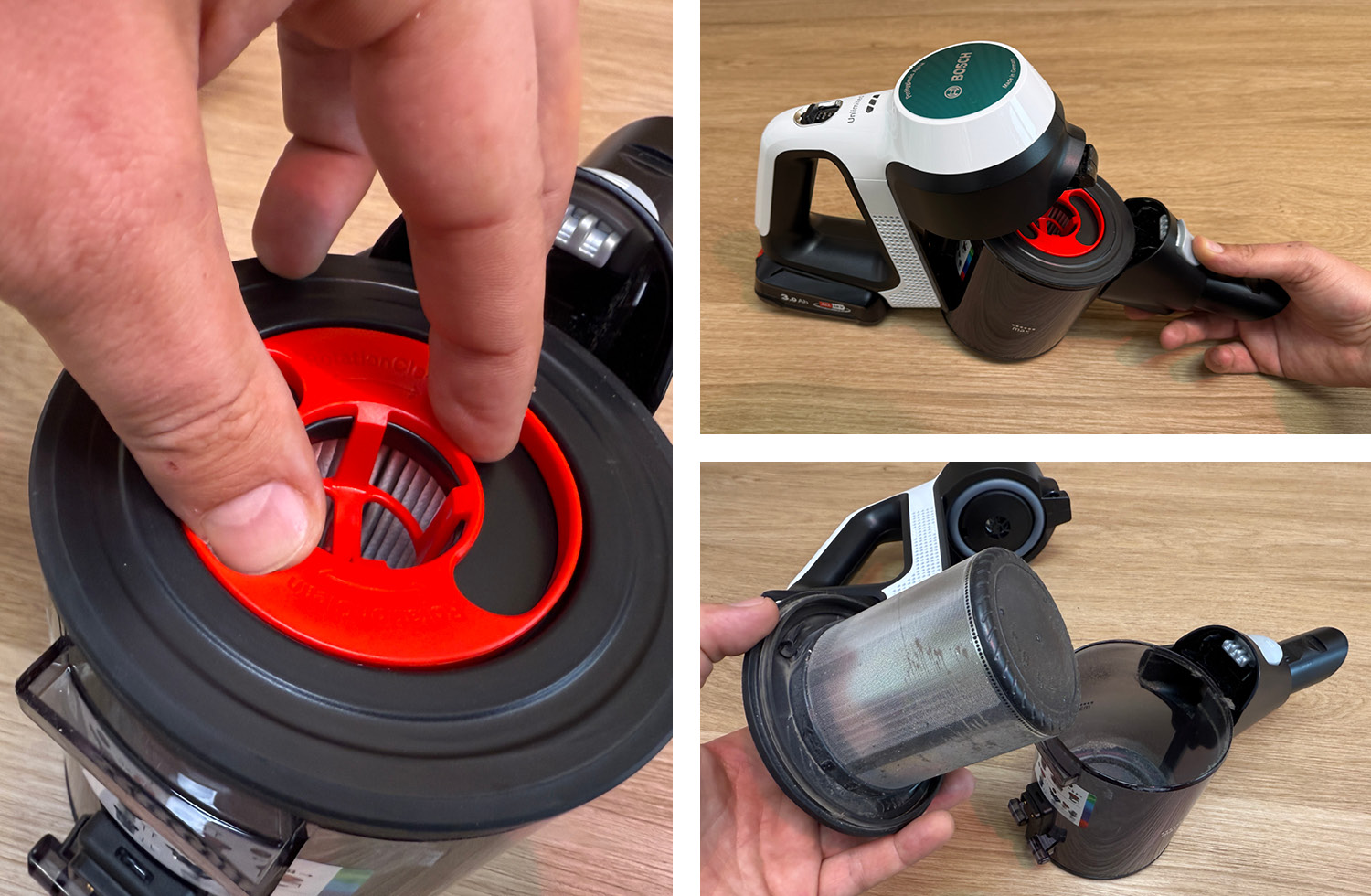 Der Staubtank kann einfach von der Saugeinheit des Bosch Unlimited 7 ProHygienic Aqua abgenommen werden.