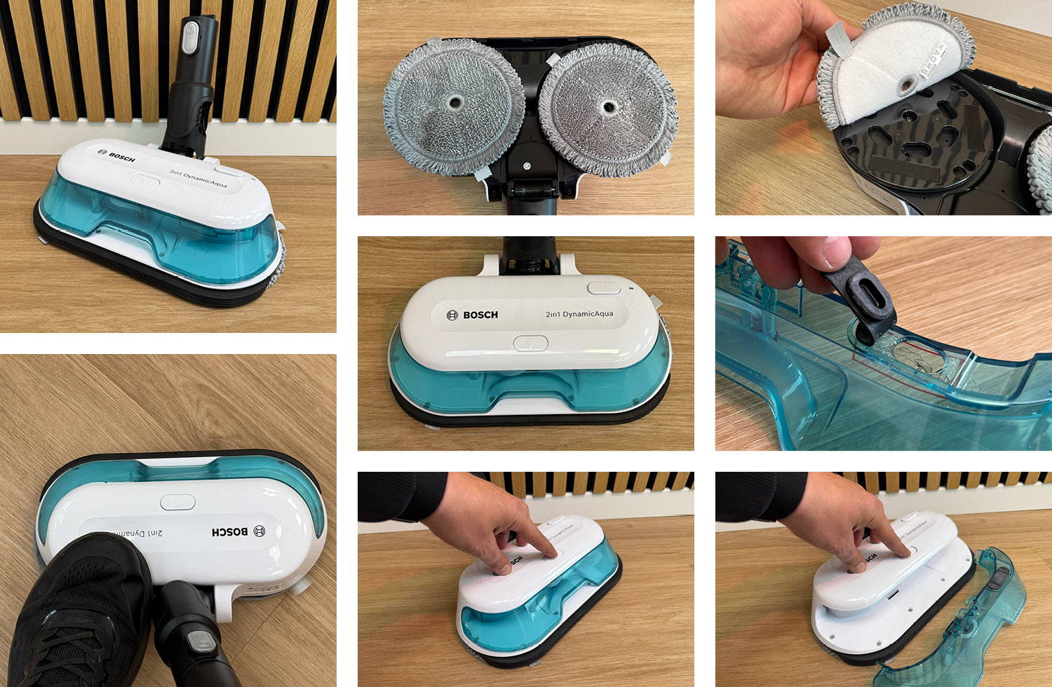 Der mitgelieferte Wischaufsatz des Bosch Unlimited 7 ProHygienic Aqua veerfügt über zwei rotierende Wischmopps