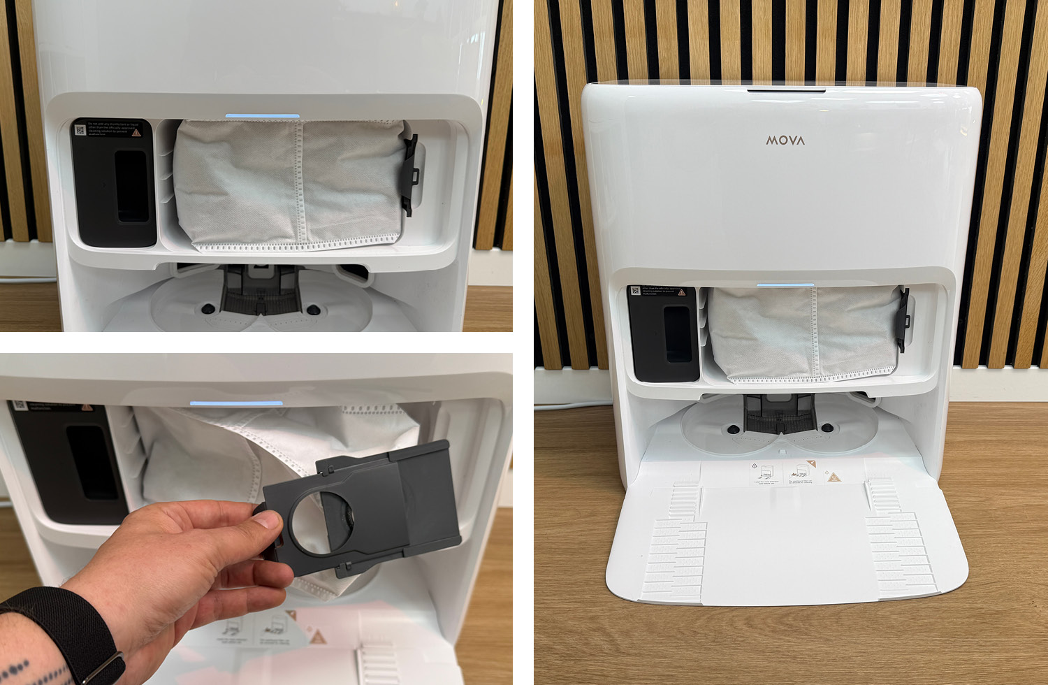 Die Absaugstation im Inneren der Station sorgt dafür, dass der Staubbehälter des Mova V50 Ultra Complete regelmäßig geleert wird