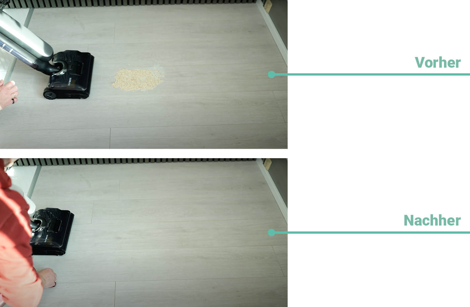 Hier seht ihr das Reinigungsergebnis des Tineco One Floor S9 Artist bei dickflüssigen Verschmutzungen