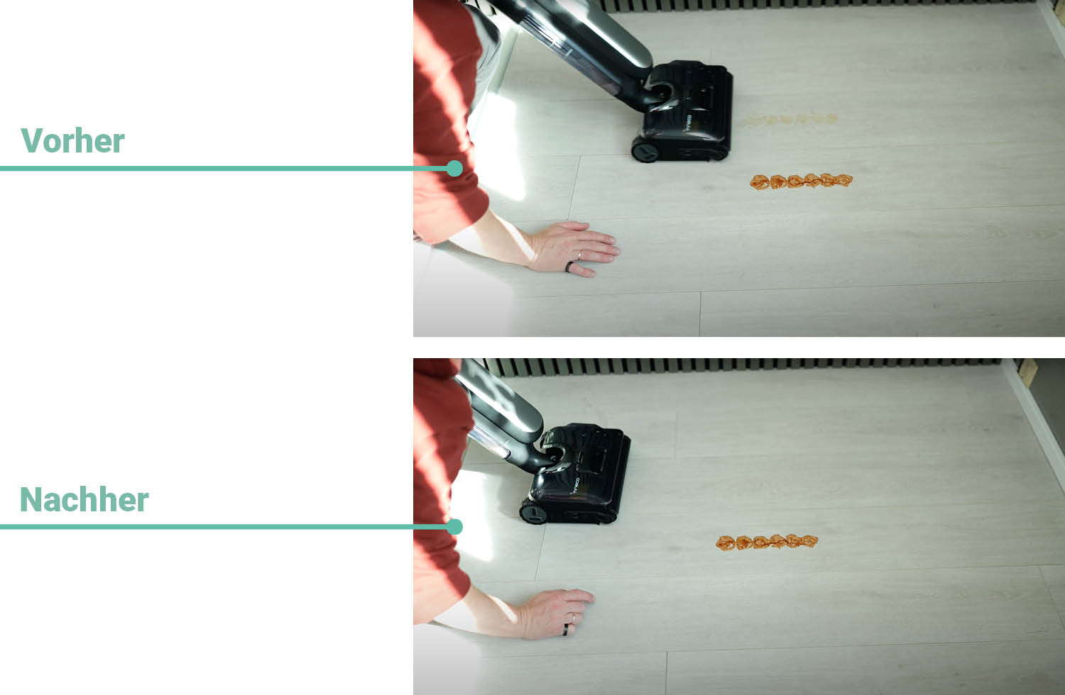 Hier seht ihr das Reinigungsergebnis des Tineco One Floor S9 Artist bei getrocknetem Kaffee