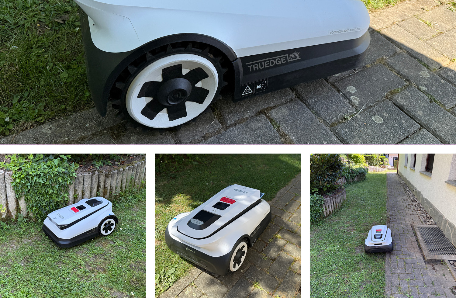 Mit Wegplatten ebenerdigem Rasen, überlappt der ECOVACS GOAT A1600 RTK