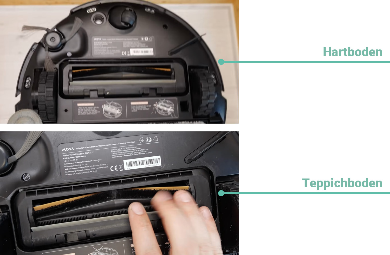 Sowohl auf dem Hartboden als auch auf dem Teppichboden konnten alle Haare restlos entfernt werden und nichts blieb am Roboter zurück