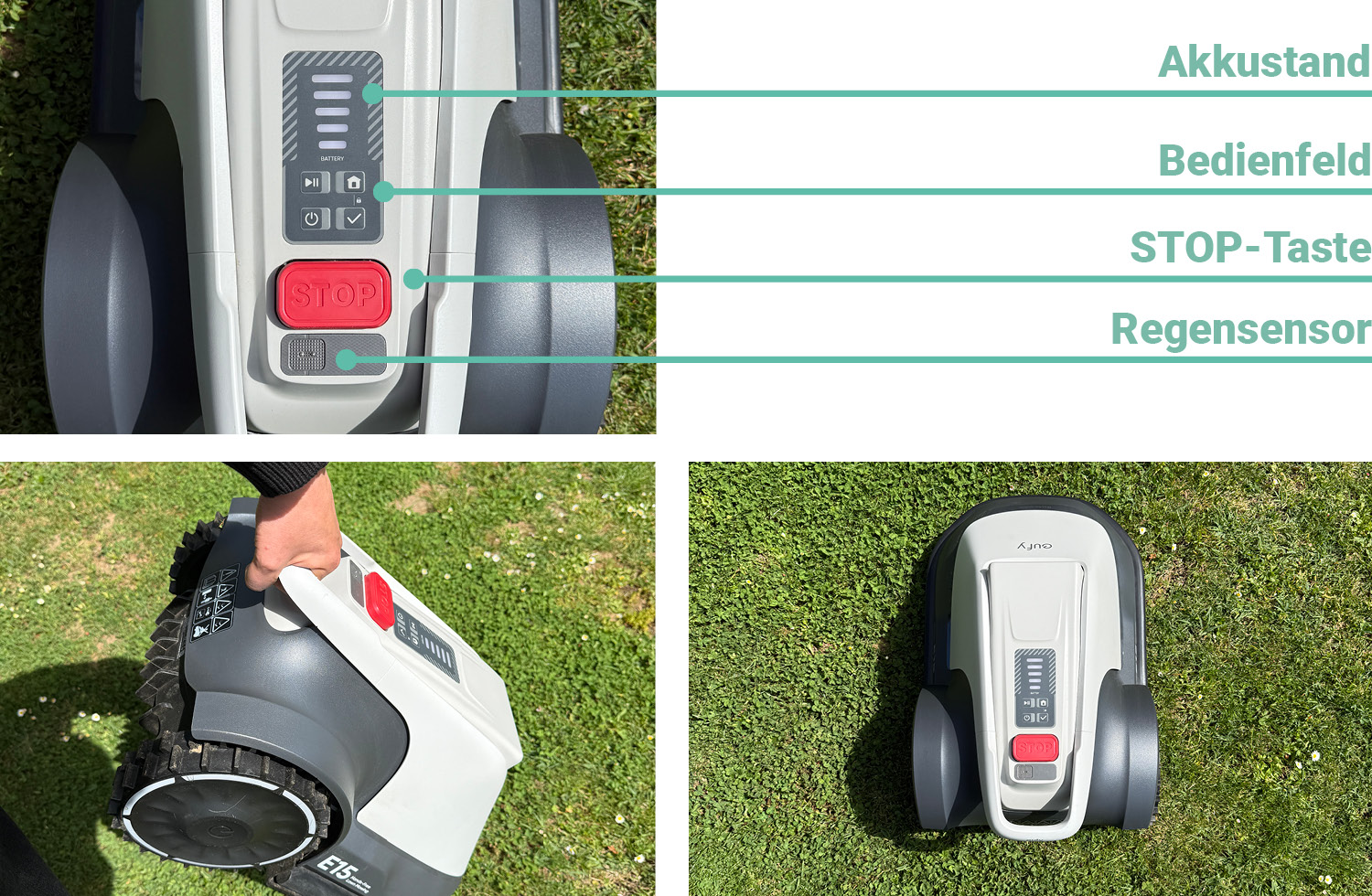 Über diese Tasten auf der Oberseite des eufy E15 wird der Mähroboter gesteuert