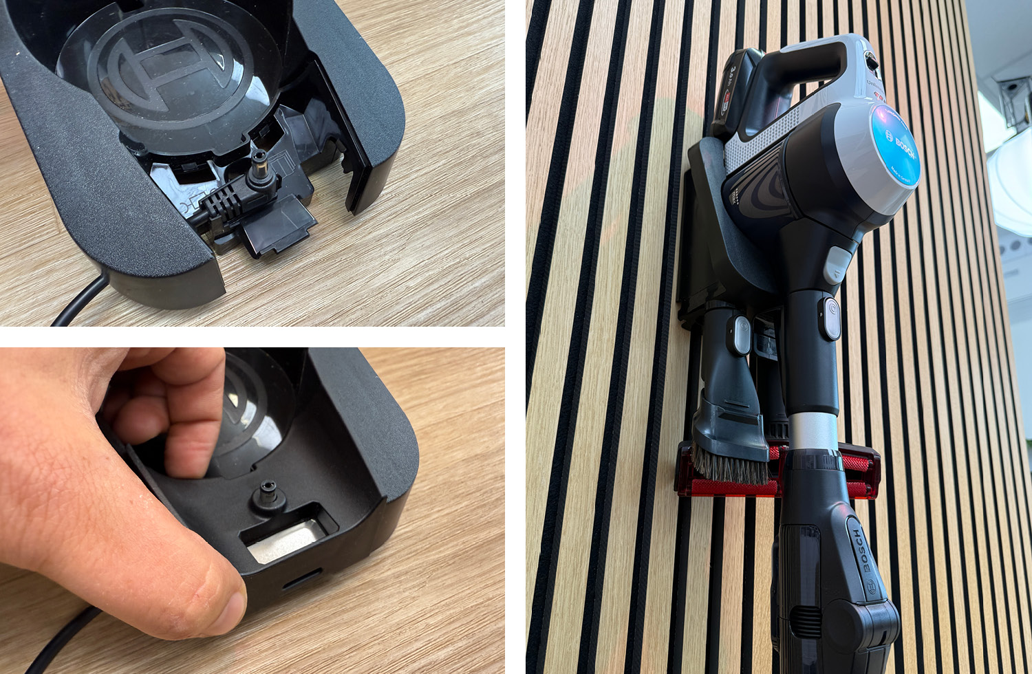 Um den Akkustaubsauger verstauen und Laden zu können, liegt eine Wandhalterung bei