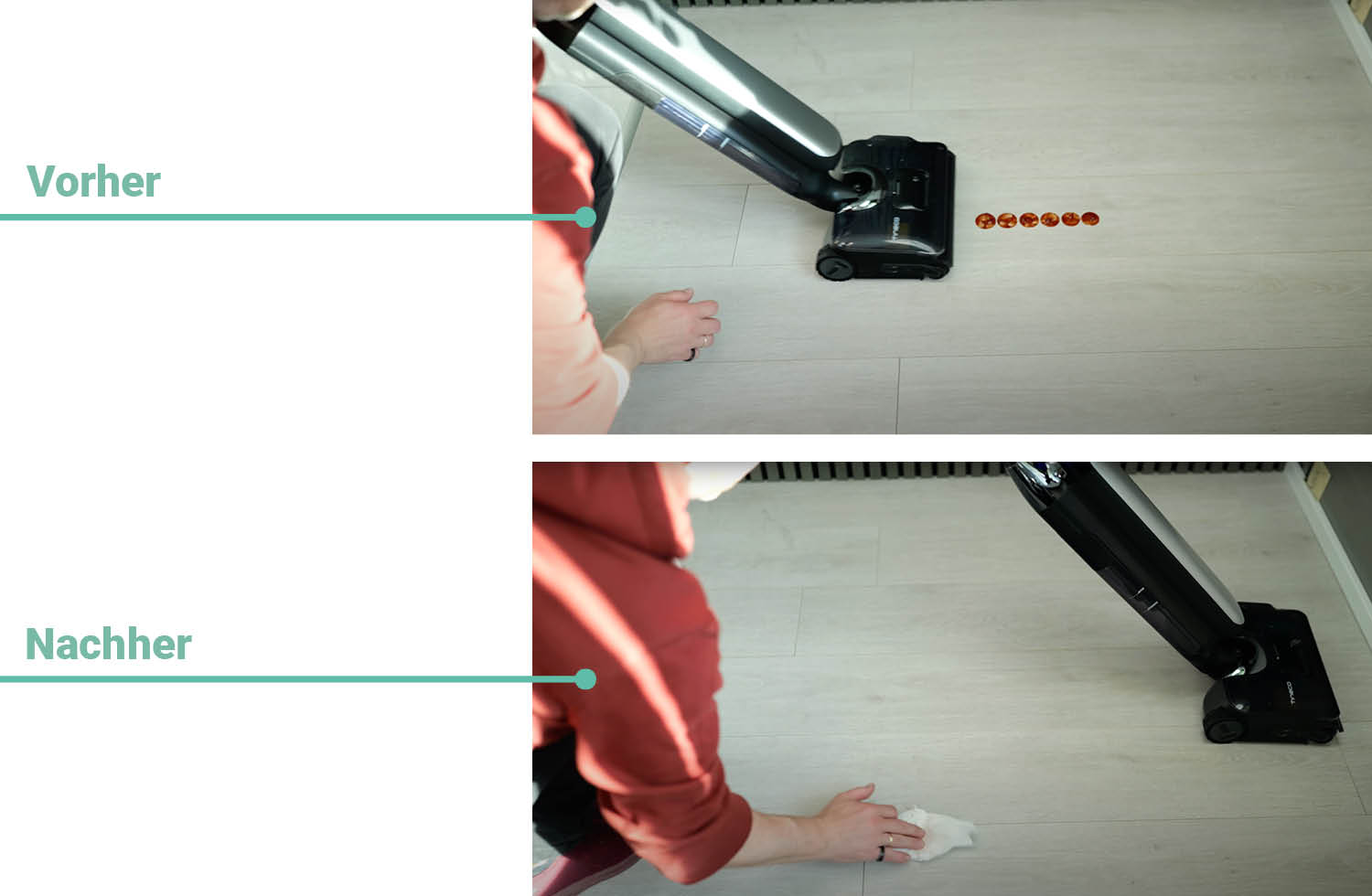 Wir sehen hier das Reinigungsergebnis des Tineco One Floor S9 Artist bei flüssigen Verschmutzungen