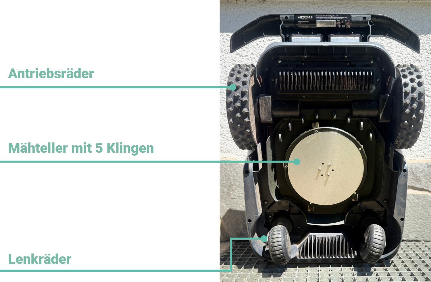 Das befindet sich auf der Unterseite des Hookii Neomow X