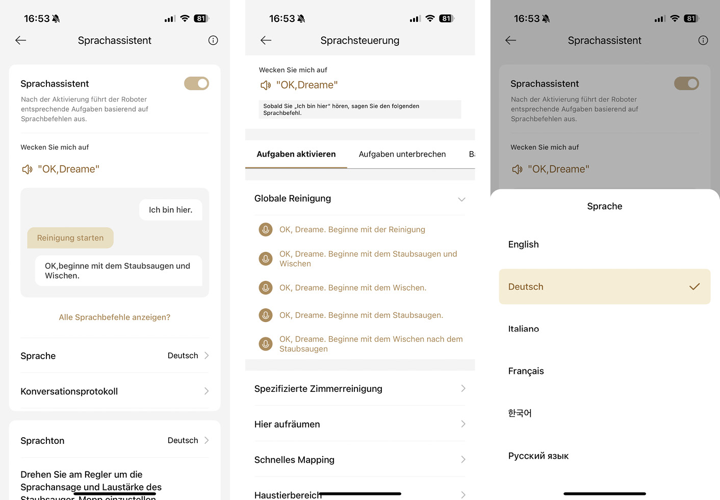 Dreame L40s Pro Ultra - App - Sprachassistent