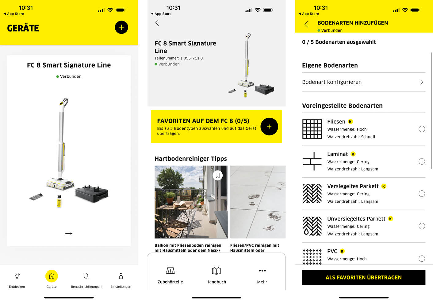 Hier sehen wir die App des Kärcher FC 8